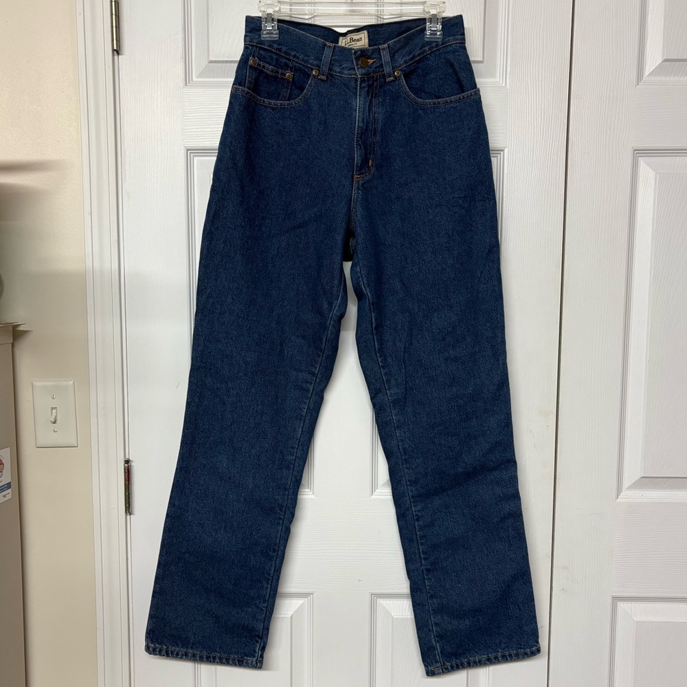 L. L. Bean Relaxed Original Fit Navy Teal Plaid Flannel Lined Denim Jeans 8 M/T